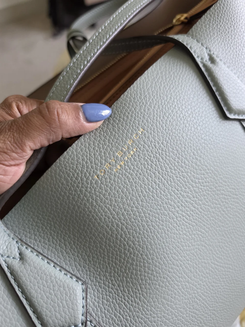 Tory Burch Perry Mint Green Leather Tote with Tan Interior and Gold Zipper